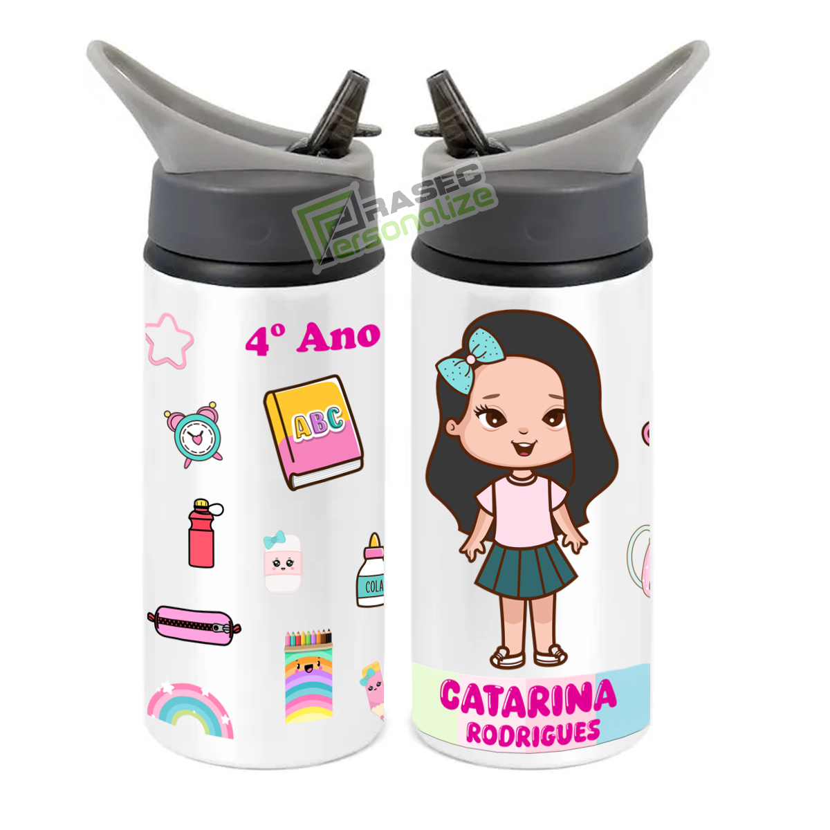 Squeeze de Alumínio Menina Personalizado com Canudo Volta às Aulas