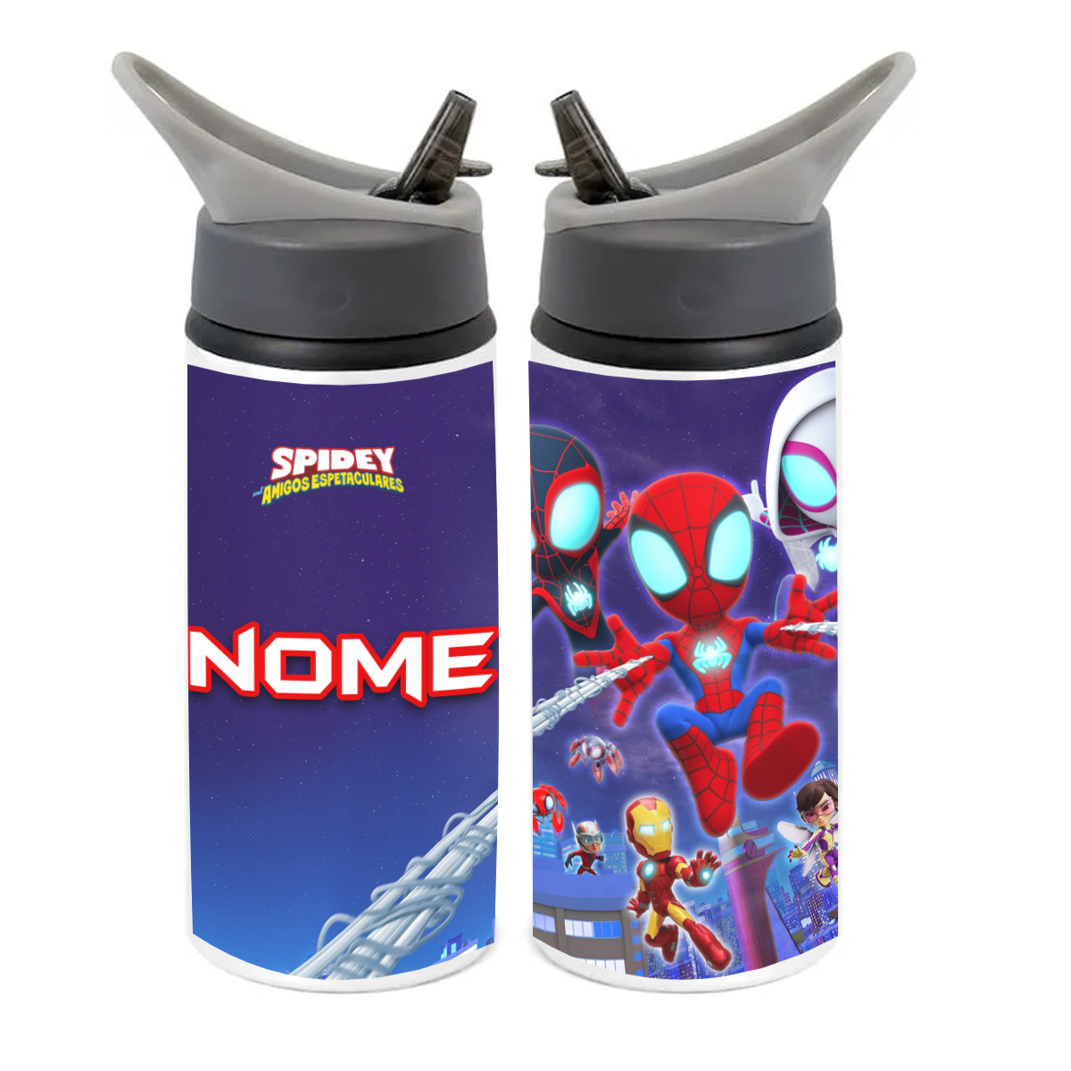 Squeeze de Alumínio Equipe Aranha Spidey Personalizado com Canudo Volta às Aulas