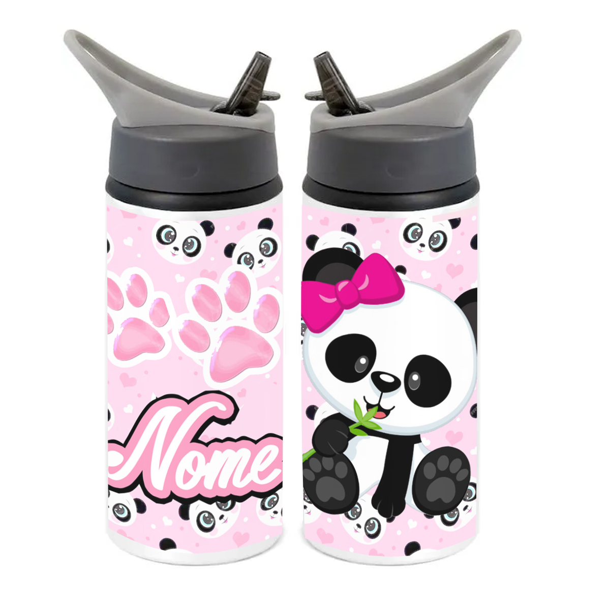 Squeeze de Alumínio Panda Personalizado com Canudo Volta às Aulas