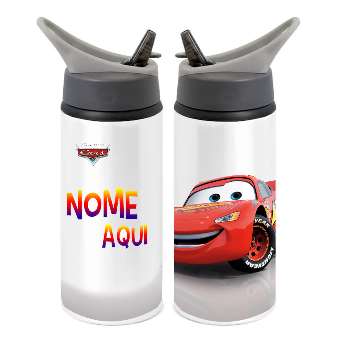 Squeeze de Alumínio Carros Relâmpago McQueen Personalizado com Canudo Volta às Aulas