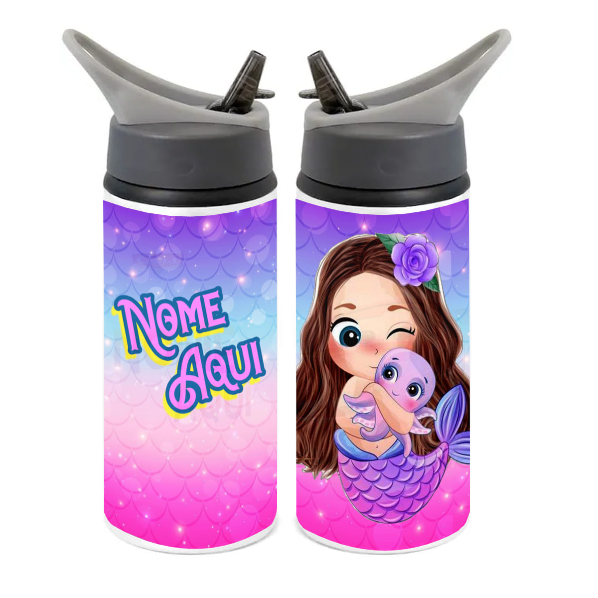 Squeeze de Alumínio Sereia Personalizado com Canudo Volta às Aulas