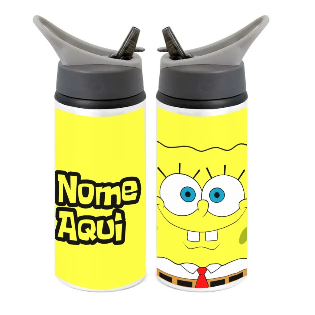 Squeeze de Alumínio Bob Esponja Personalizado com Canudo Volta às Aulas