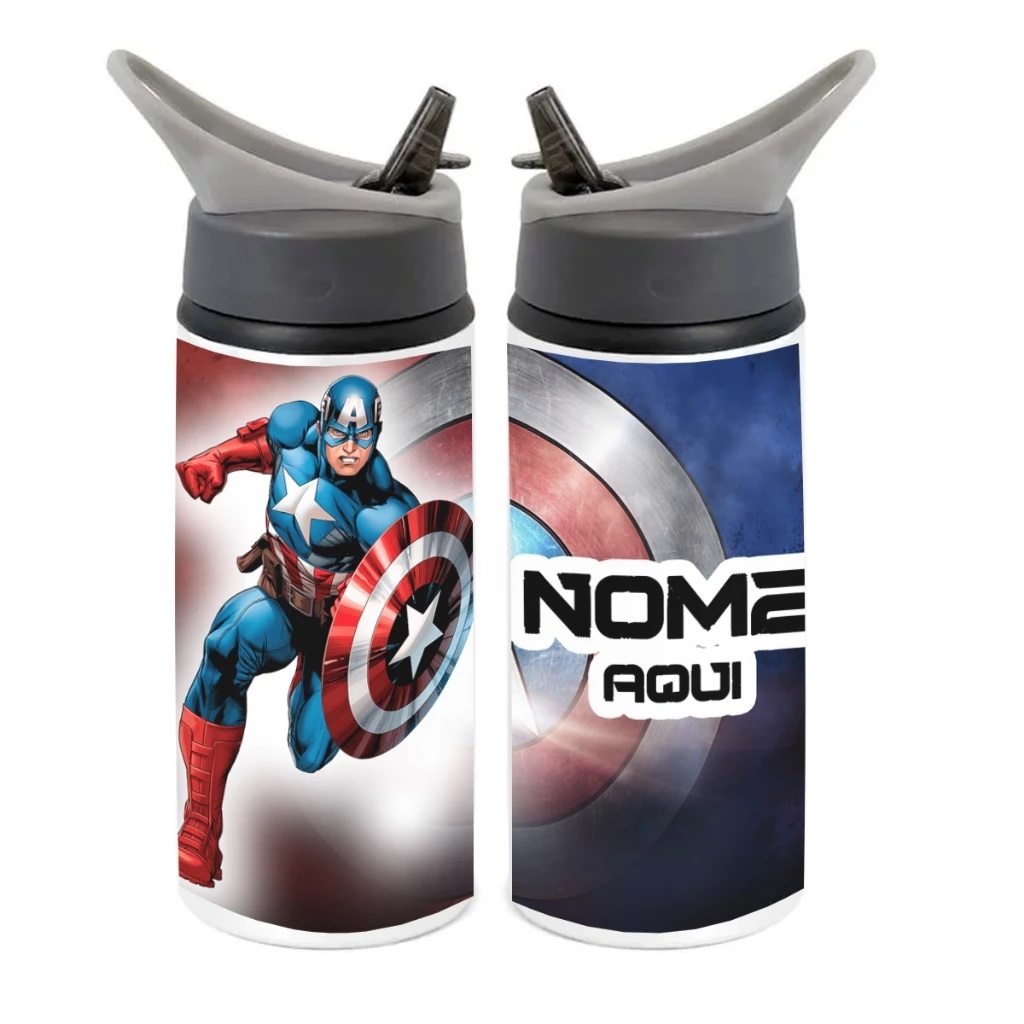 Squeeze de Alumínio Capitão América Personalizado com Canudo Volta às Aulas