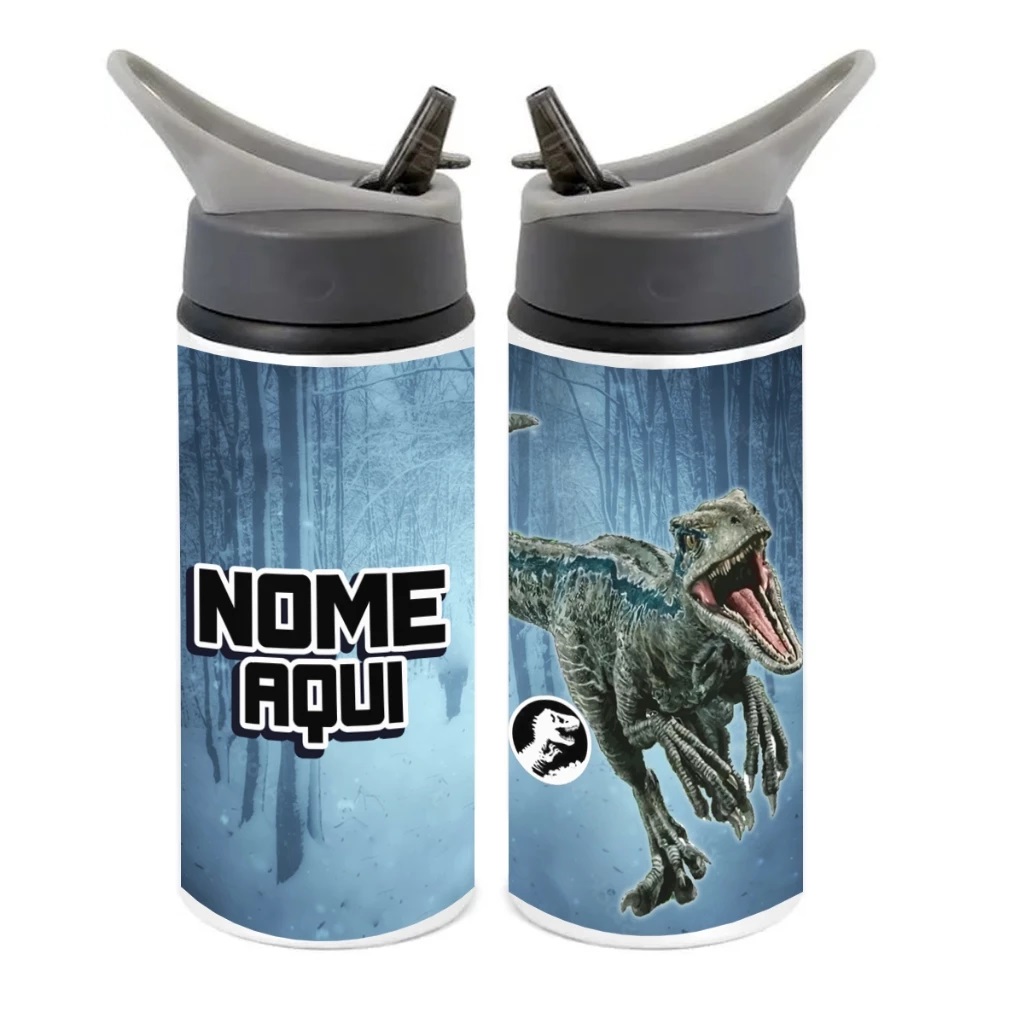 Squeeze de Alumínio Dinossauro Personalizado com Canudo Volta às Aulas