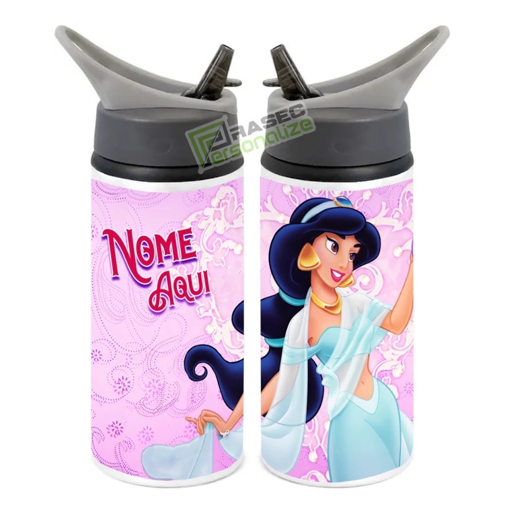 Squeeze de Alumínio Jasmine Princesa Alladin Personalizado com Canudo Volta às Aulas