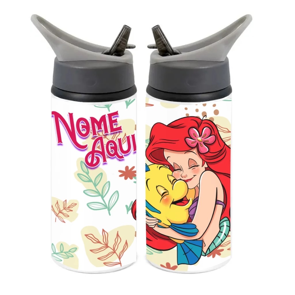 Squeeze de Alumínio Pequena Sereia Personalizado com Canudo Volta às Aulas